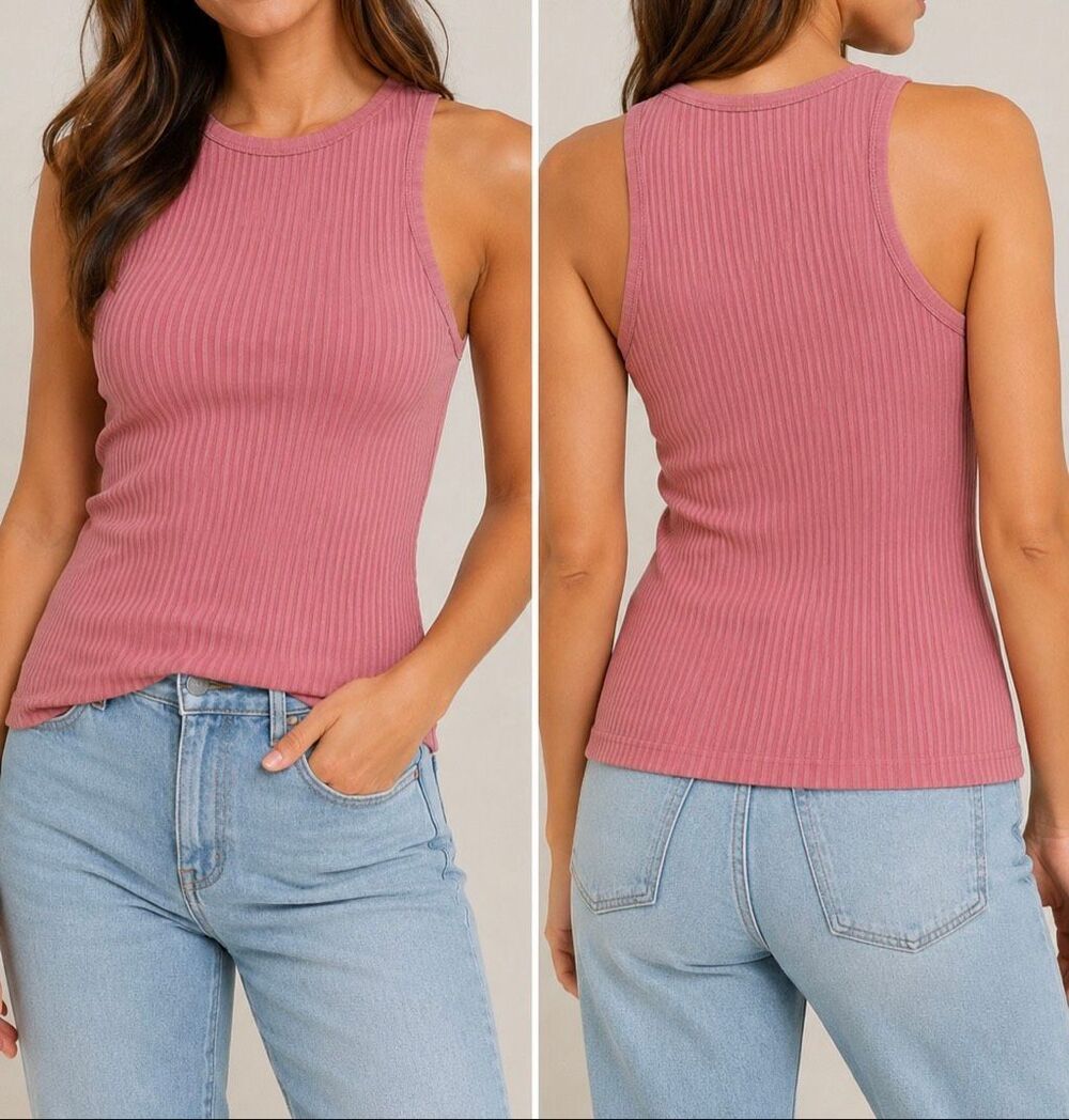 Anthropologie Ribbed Tank Top Pink Sleeveless Stretch Knit Size S/M